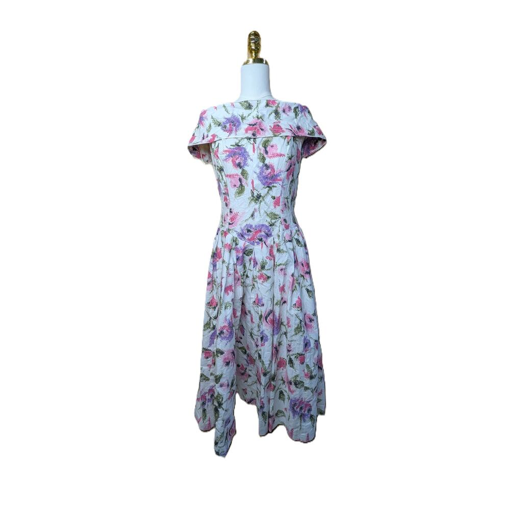 Handmade VTG 80's Floral Faux Off Shoulder Cottagecore Midi Dress Womens Small